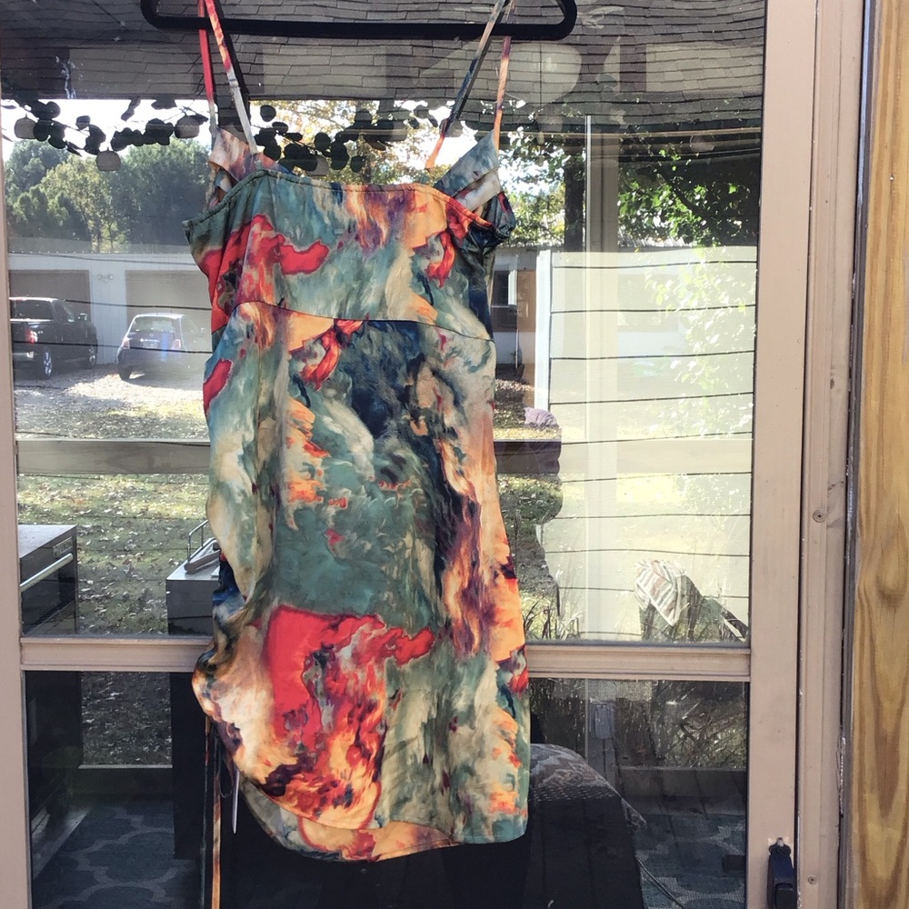 Micas Watercolor Print Ruched Drawstring Multi Color Mini Slip Dress - Picture 5 of 16